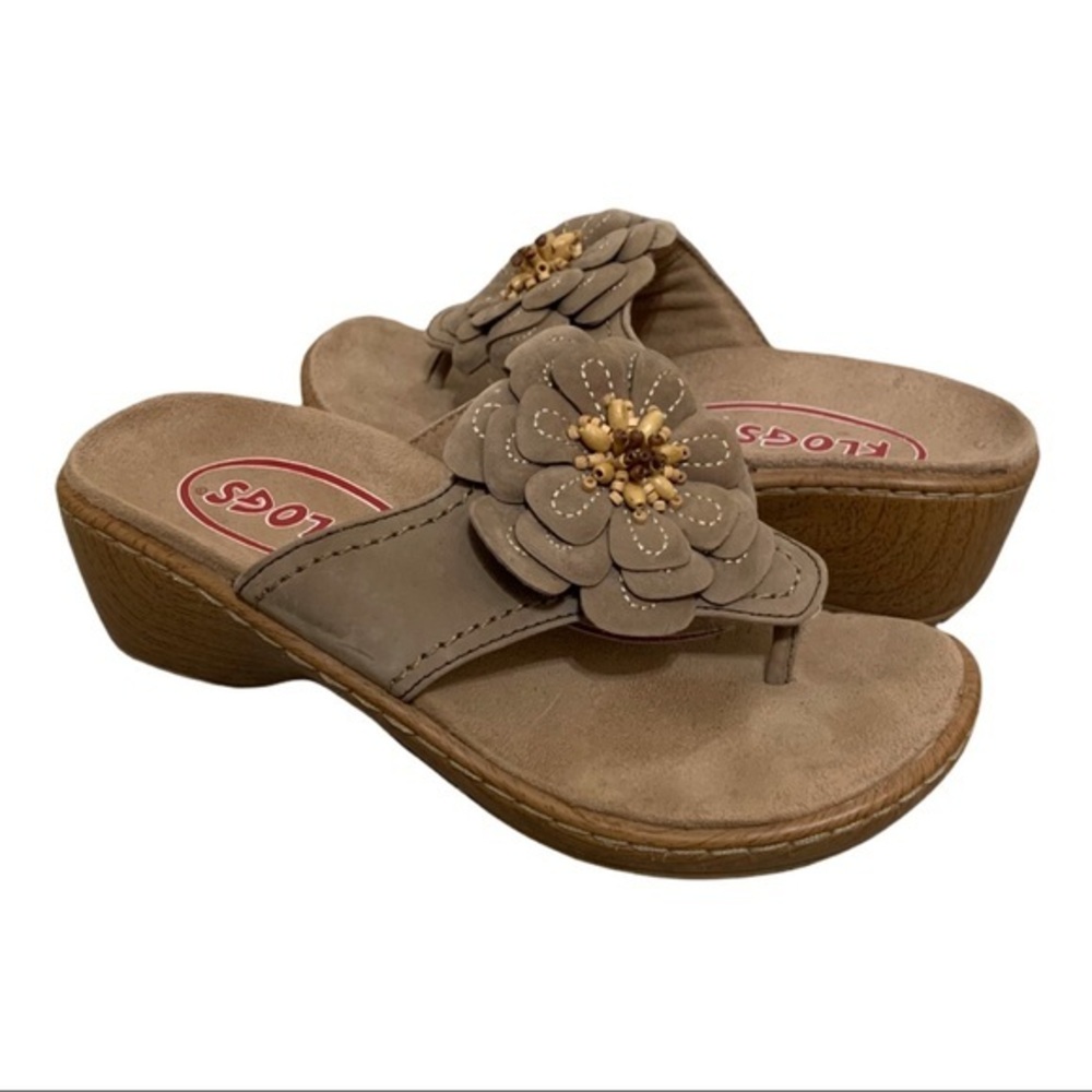 KLOGS Thong Platform Sandals Flower Detail Tan 6.5